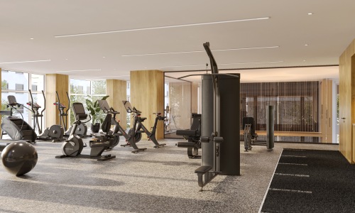 fitness center with open spaces and bright lightin