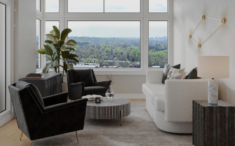 a living room with a large window
