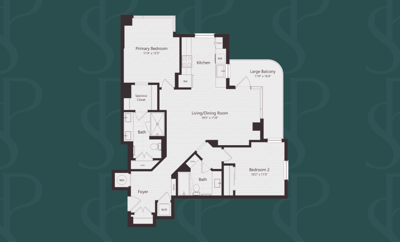 B7 - 2 bedroom floorplan layout with 2 bathrooms and 1068 square feet