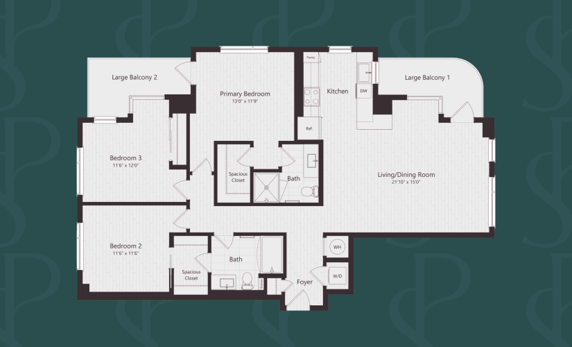 Residence Layout Chef’s Kitchen Open Concept Living Private Balcony Primary Suite with Skyline Views Boutique-Inspired Closet