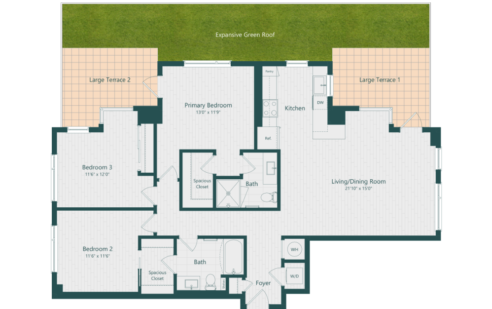 C1 - 3 bedroom floorplan layout with 2 bathrooms and 1439 square feet (#0301 Layout)