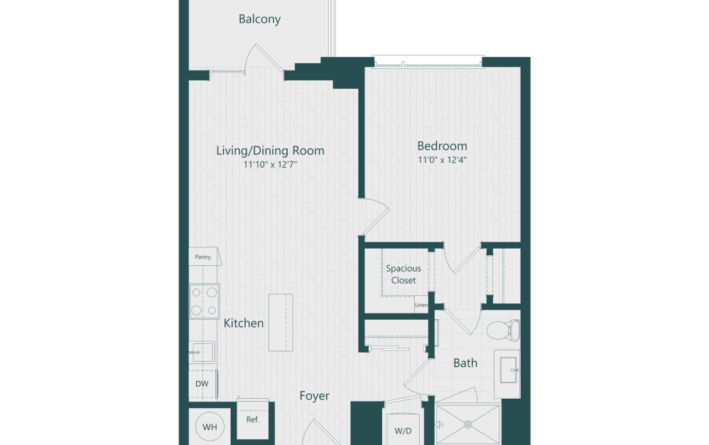 A4 - 1 bedroom floorplan layout with 1 bathroom and 665 square feet (Layout 2)