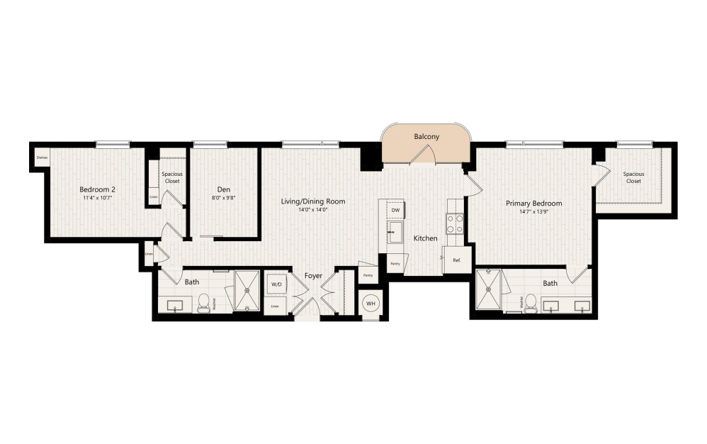 B11 - 2 bedroom floorplan layout with 2 bathrooms and 1244 square feet