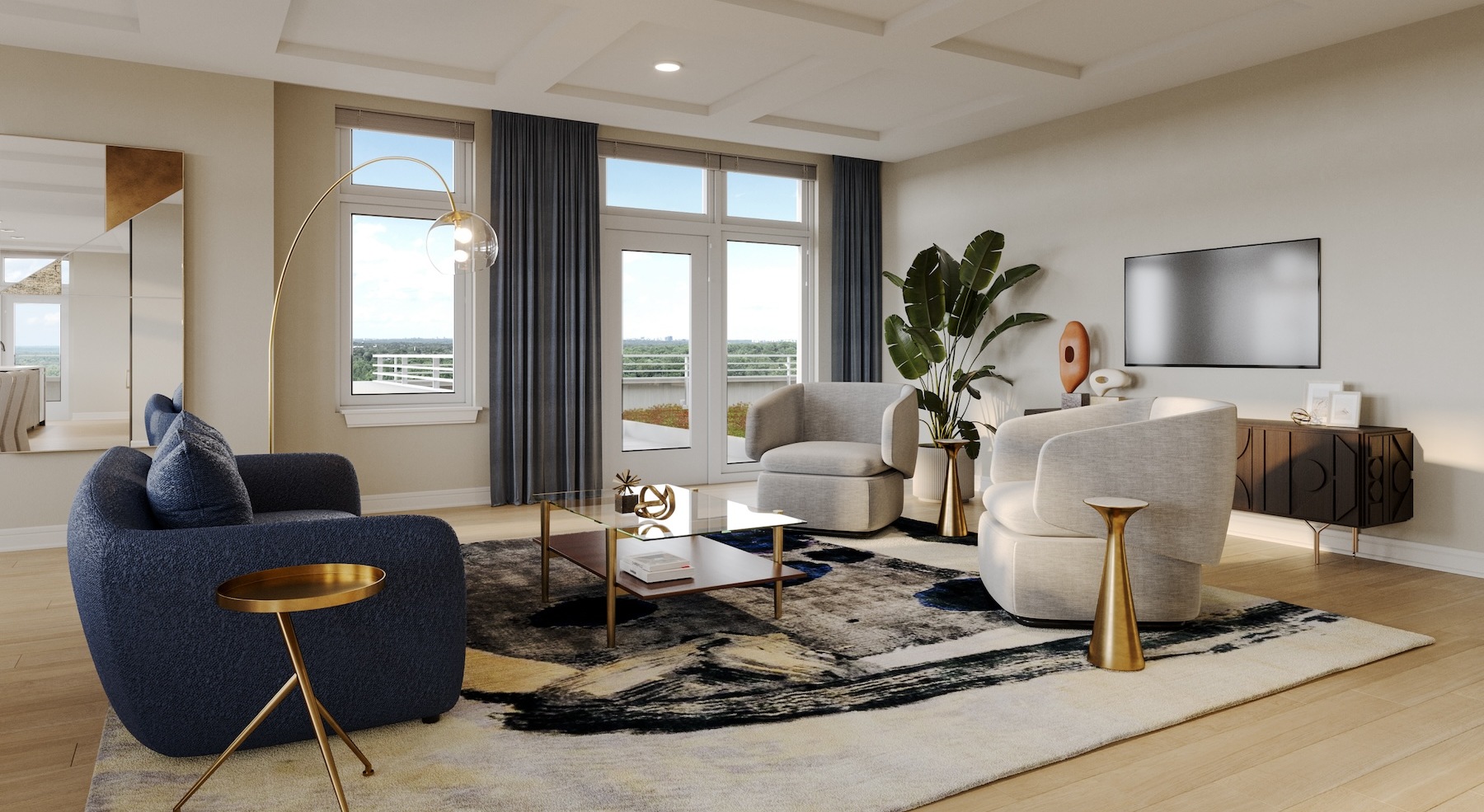 spacious penthouse living area with ample seating and a patio door