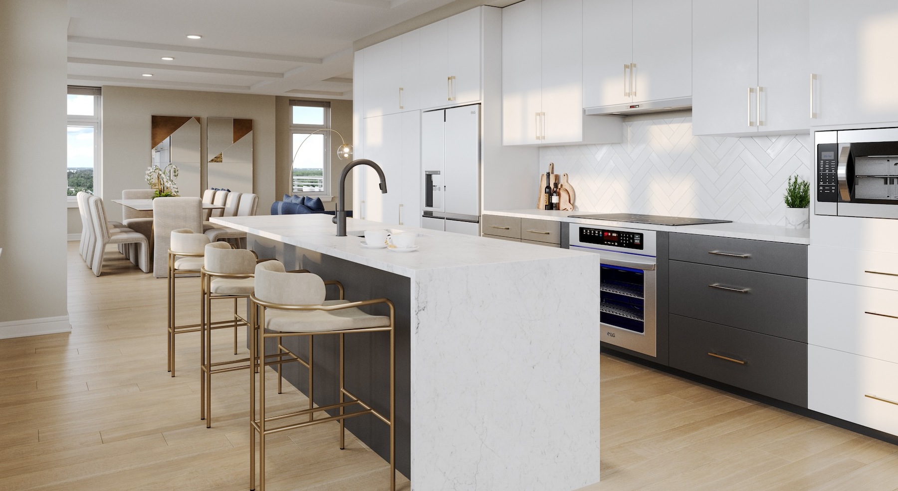 penthouse kitchen with a long island and ample kitchen lighting